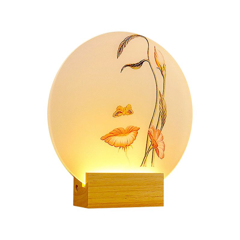 Circular Metallic Butterfly and Leaf Mural Lamp Minimal Style LED Wood Wall Lighting Fixture