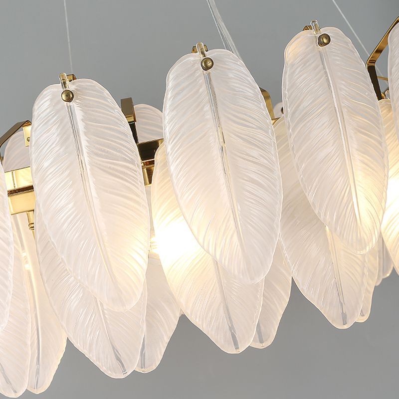 Gold Modern Metal Ceiling Lamp Feather Shape Island Light with Glass Shade for Living Room