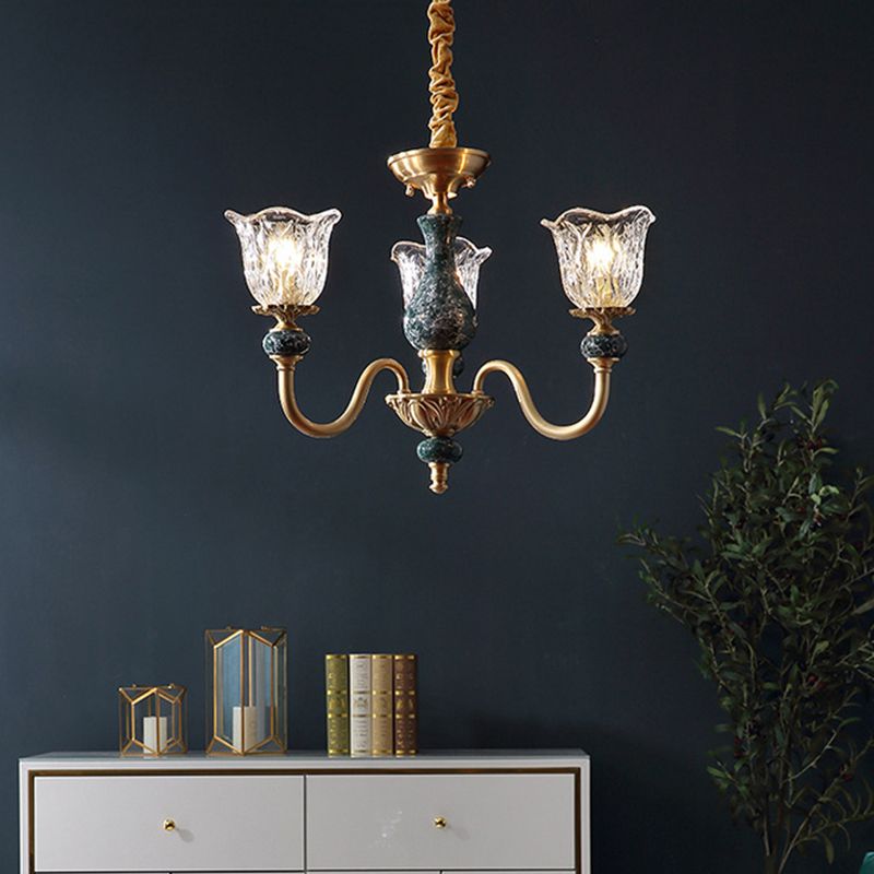 Traditional Flared Ceiling Lighting Carved Glass Chandelier Light Fixture with Ruffle Edge in Brass