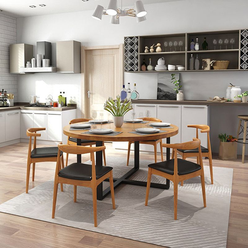 Modern Round Dining Table for Home Brown Solid Wood Table with Metal Base