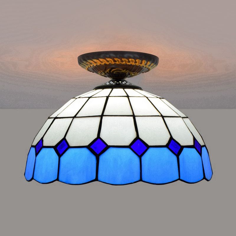 Tiffany Grid Patterned Flush Mount Light 1 Bulb Handcrafted Stained Glass LED Close to Ceiling Lamp in Blue/Orange/Green