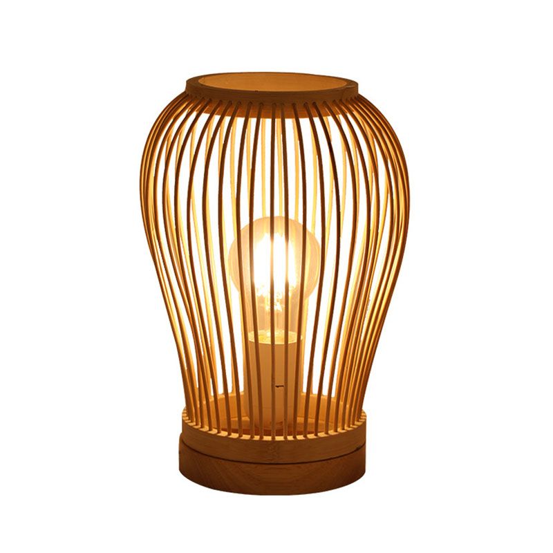 Asian Style Woven Shade Nightstand Light Bamboo 1 Bulb Bedside Table Lamp in Wood
