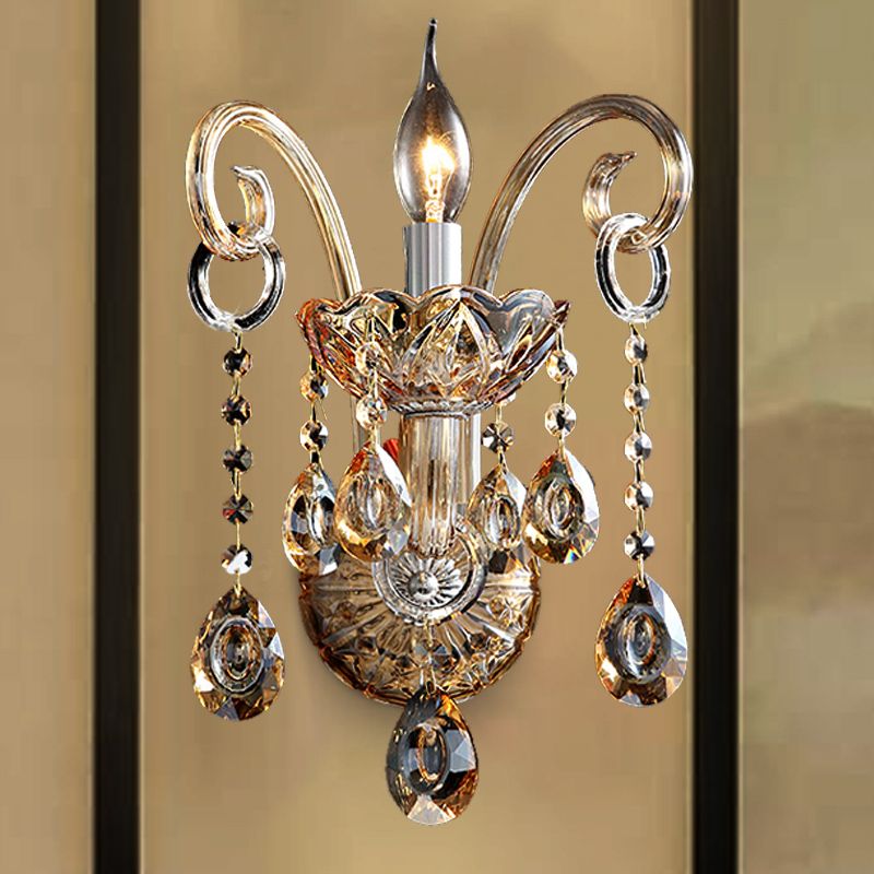 Amber Glass Candle Sconce Light Modernism 1/2 Heads Bedroom Wall Light Fixture with Crystal Drip Accent