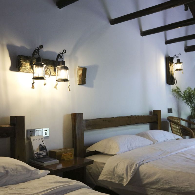 Black 2-Light Sconce Light Industrial Clear Glass Kerosene Lighting Fixture for Bedroom