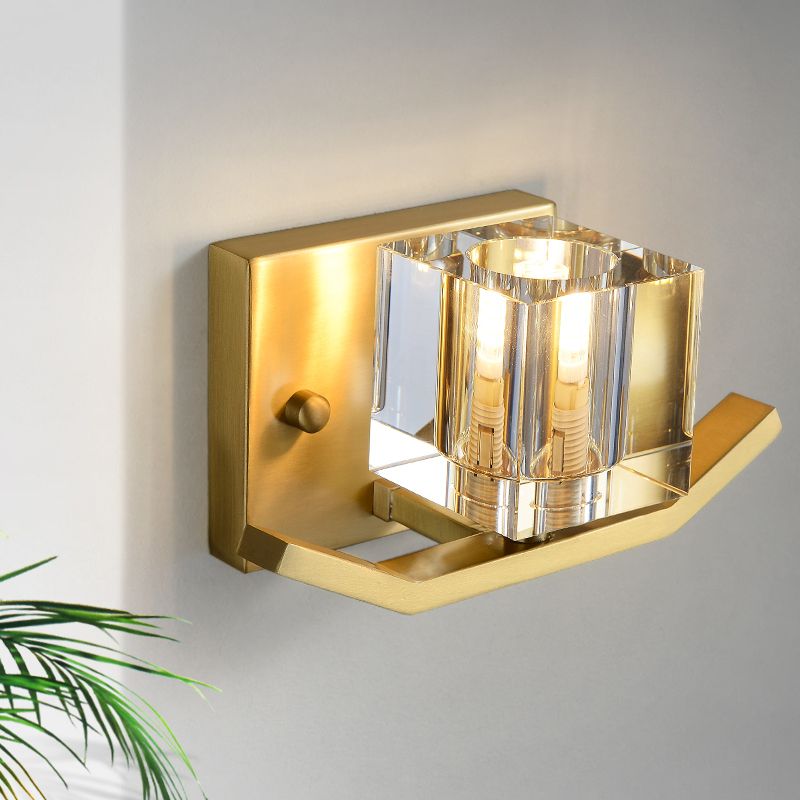 1-Bulb Parlor Wall Mount Light Modern Gold Wall Lighting Fixture with Cubic Clear Crystal Shade