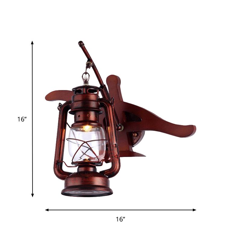 Farmhouse Lantern Shade Sconce Fixture Wrought Iron 1 Light Hallway Wall Sconce Lamp in Weathered Copper