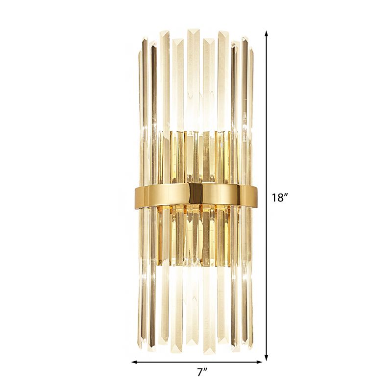 Cylinder Wall Mounted Lamp Contemporary Style Clear Crystal 2 Bulbs Golden Wall Lighting for Living Room