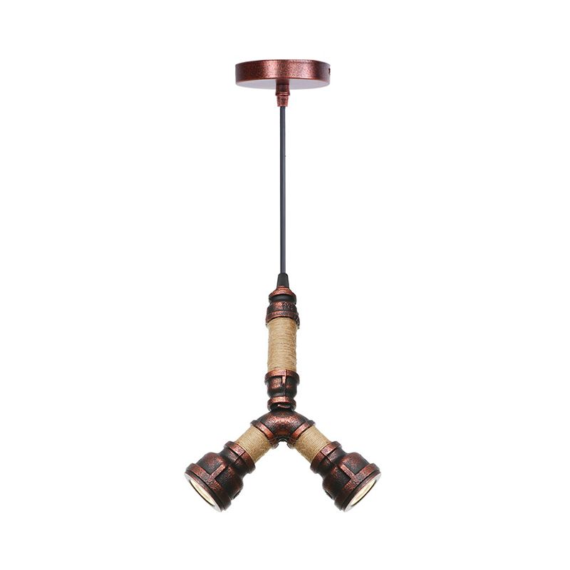 2/3 Heads Pendant Chandelier Vintage Water Pipe Metallic Hanging Ceiling Light in Rust, 8"/9"/10" Width