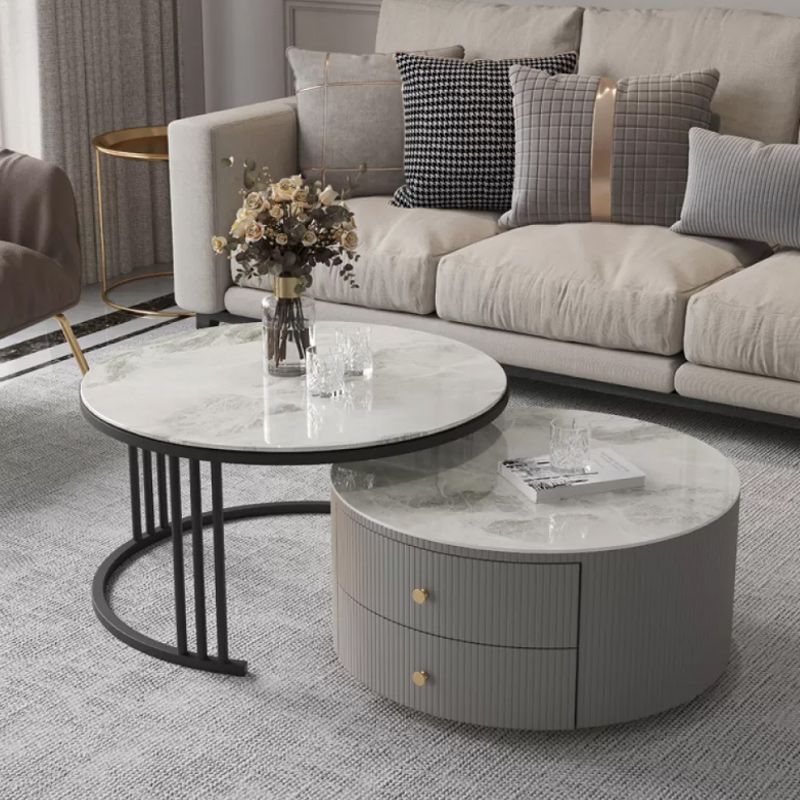 Modern Round End Table Living Room No Distressing Side Table with Drawers