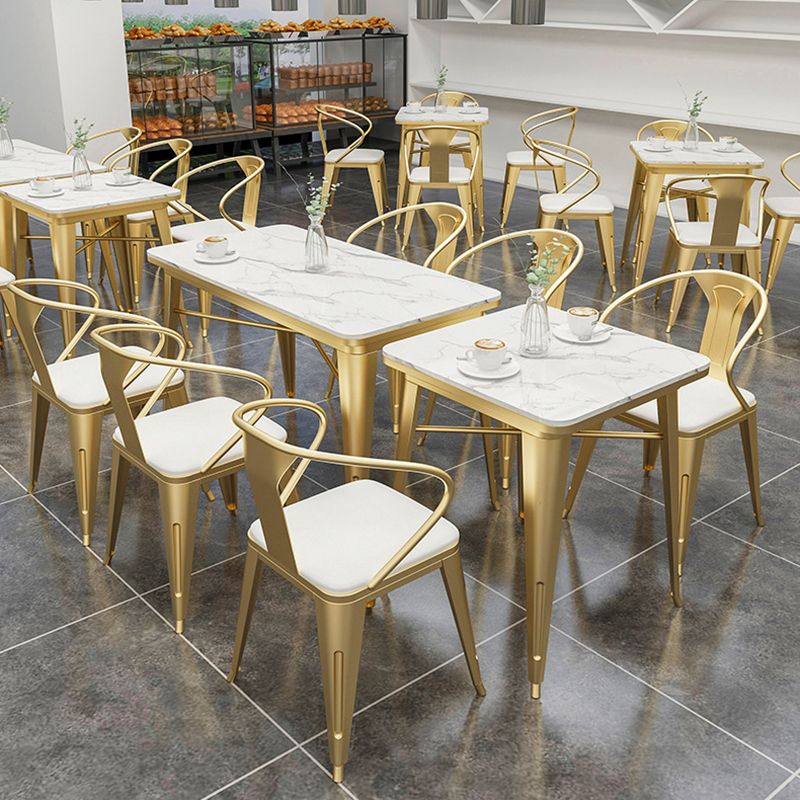 Industrial Dining Table White Sintered Stone Table with Gold Sled Base for Dining Room