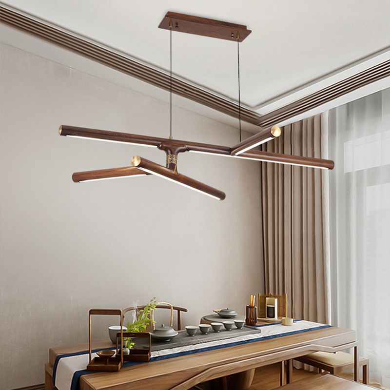 Linear Tea Room Suspension Lamp Wooden Minimalist LED Hanging Island Light Fixture
