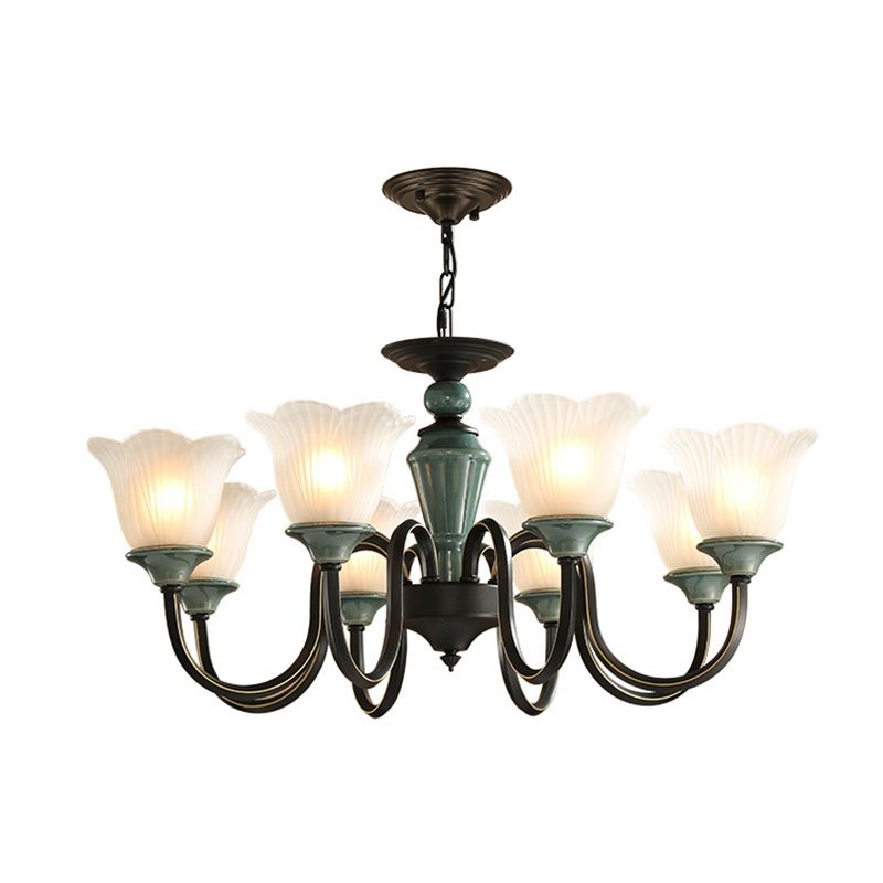 Blackish Green Floral Suspension Light Rustic Frosted Glass Living Room Chandelier Light with Curved Arm