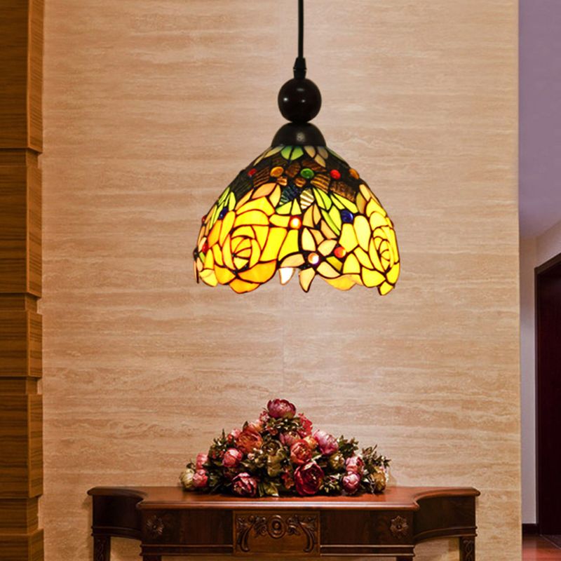 Pink/Yellow 1 Light Pendant Lighting Tiffany Style Stained Art Glass Blossom Ceiling Lamp