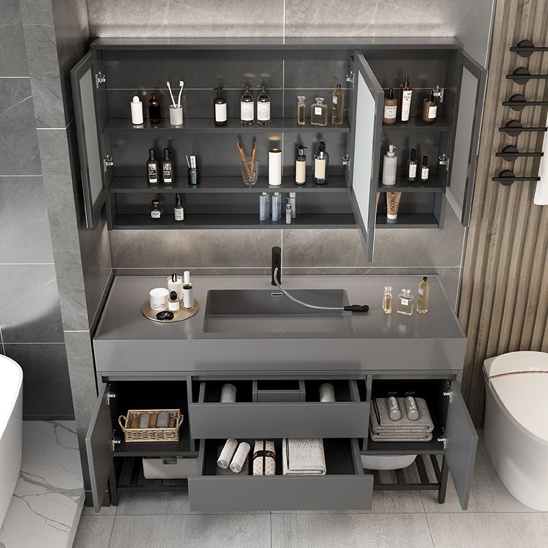 Single Sink Grey Vanity Shelving Included Mirror Rectangle Vanity with 2 Drawers