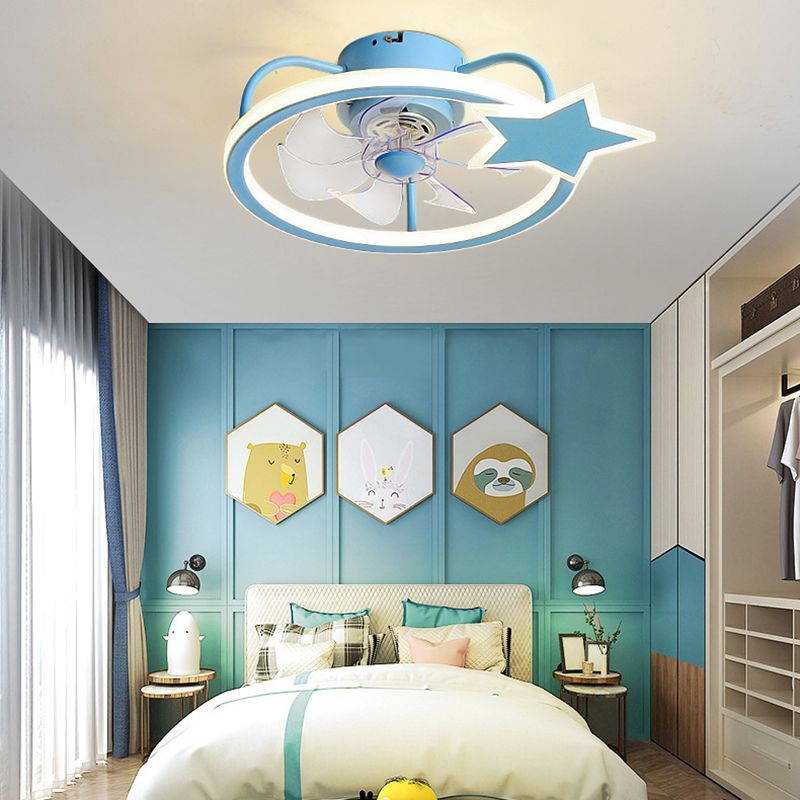 Kids Creative LED Fan Light Lacquered Iron Geometric Ceiling Fans with Acrylic Shade for Bedroom