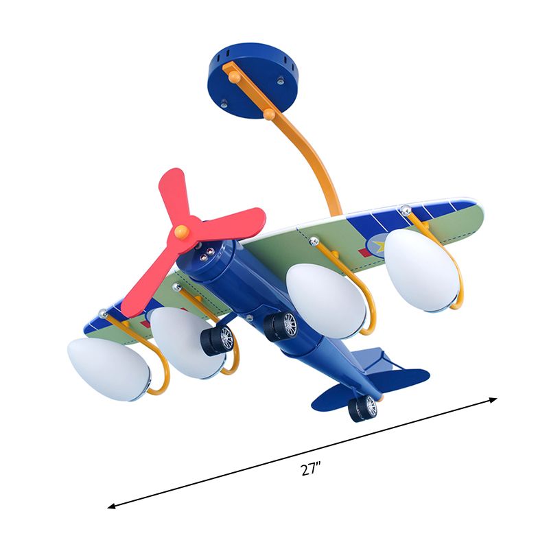 Blau Propeller Flugzeug Kronleuchter 4 Lampen -Cartoon -Metallhängung für Kinder Schlafzimmer