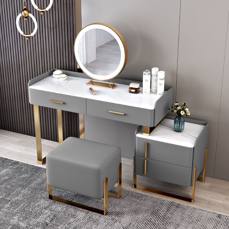Stone Top Make-up Vanity Gray Solid Wood Vanity Dressing Table Set with 4 Drawers