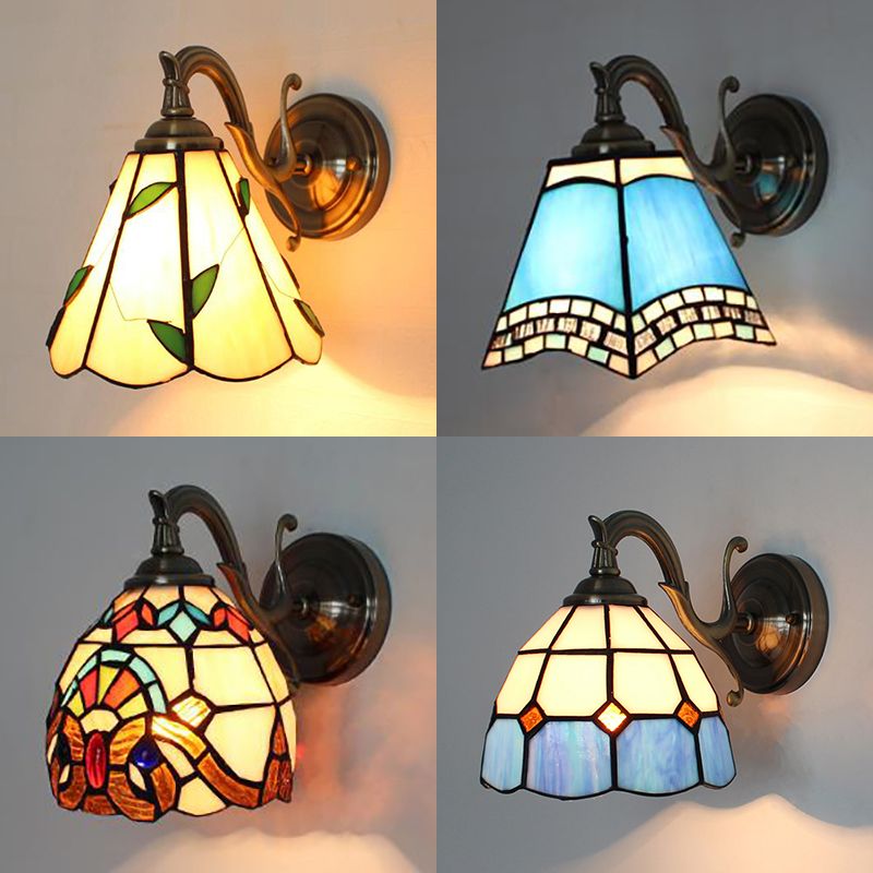 Stained Glass Wall Lighting Tiffany Rustic 1 Light Wall Mount Light in Brown/Blue/Beige/Blue-White for Bedroom