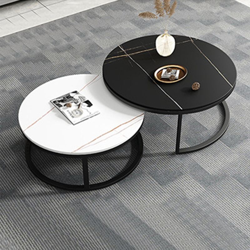Modern Style Round Black and White Slate Top Nesting Coffee Table