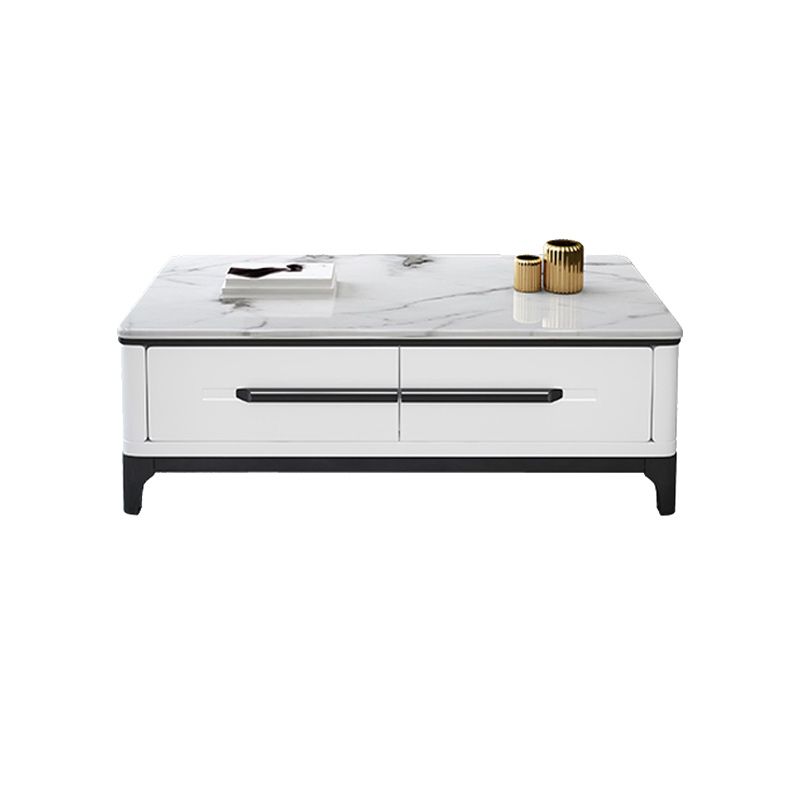 White Contemporary Rectangular Marble Coffee Cocktail Table with Storage