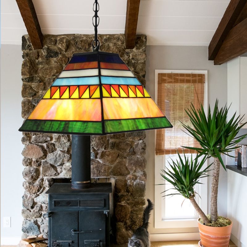 Pyramide hanglamp lichte bol glas in lood Tiffany-stijl hangende lamp in oranje/geel/oranje en geel voor hal