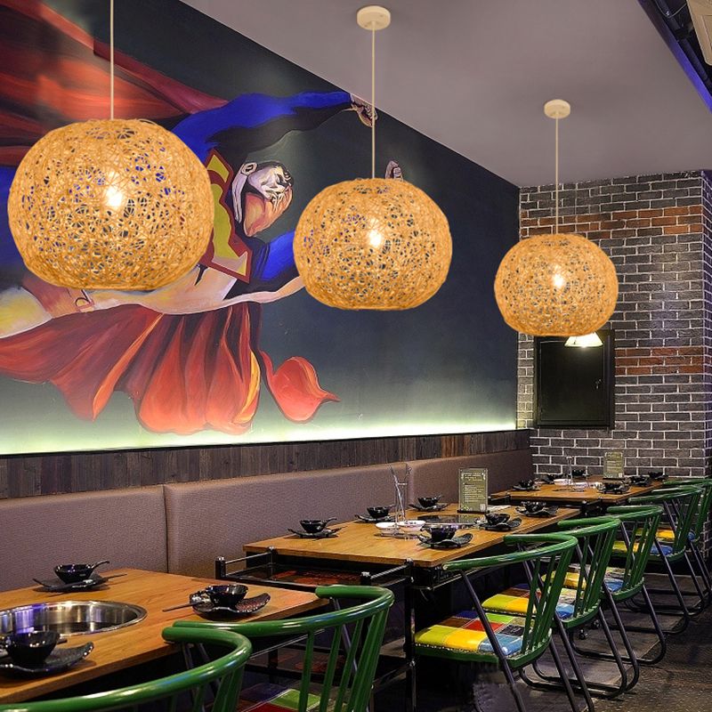 Asian Pendant Lighting Fixture 1-Light Beige Hanging Lamp Kit with Rattan Shade