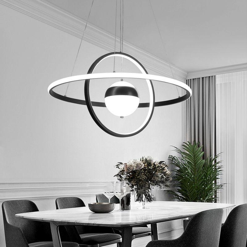 Ball and Ring Shaped Chandelier Minimalistic Acrylic Black Ceiling Pendant Light over Table