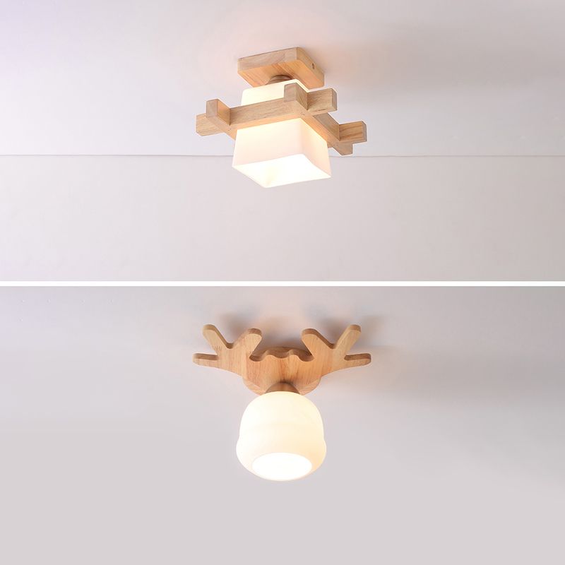 Wood Shaded Close to Ceiling Lighting Fixture Modern Natural Ceiling Mounted Light