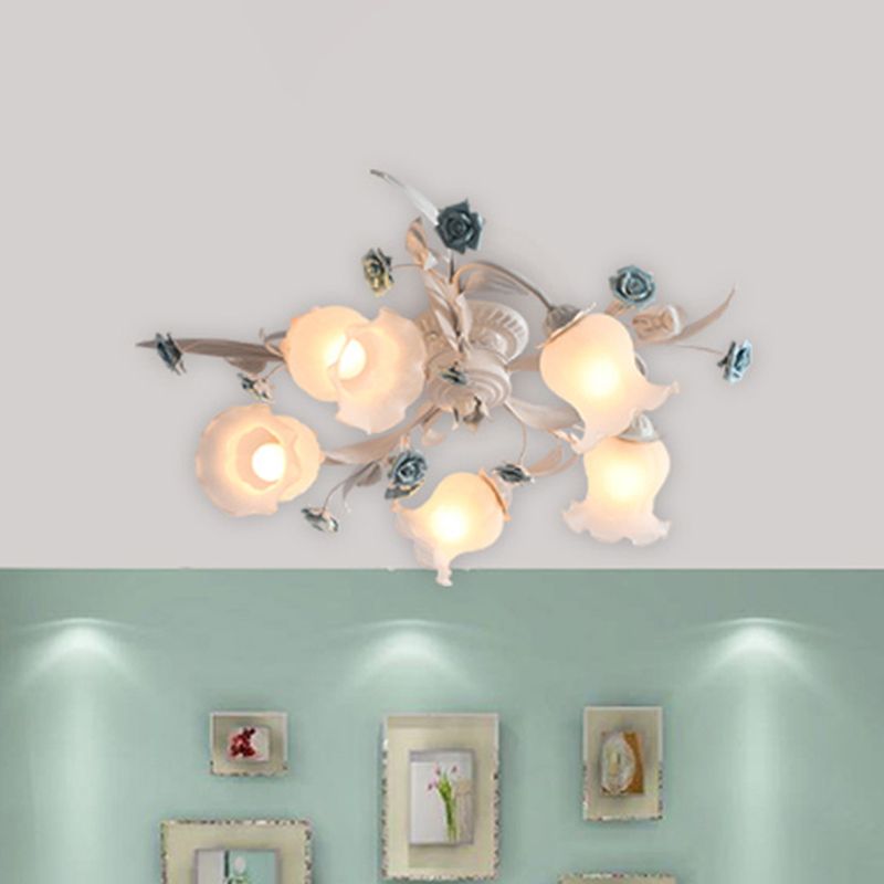 American Garden Flower Semi-Flush Mount 5 Bulbs Frosted White Glass Flush Mounted Light for Living Room