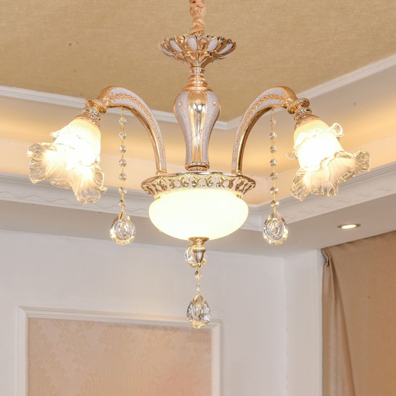 Ribbed Glass Ruffled Flower Suspension Light Retro Living Room Chandelier Light with Crystal Draping in Gold