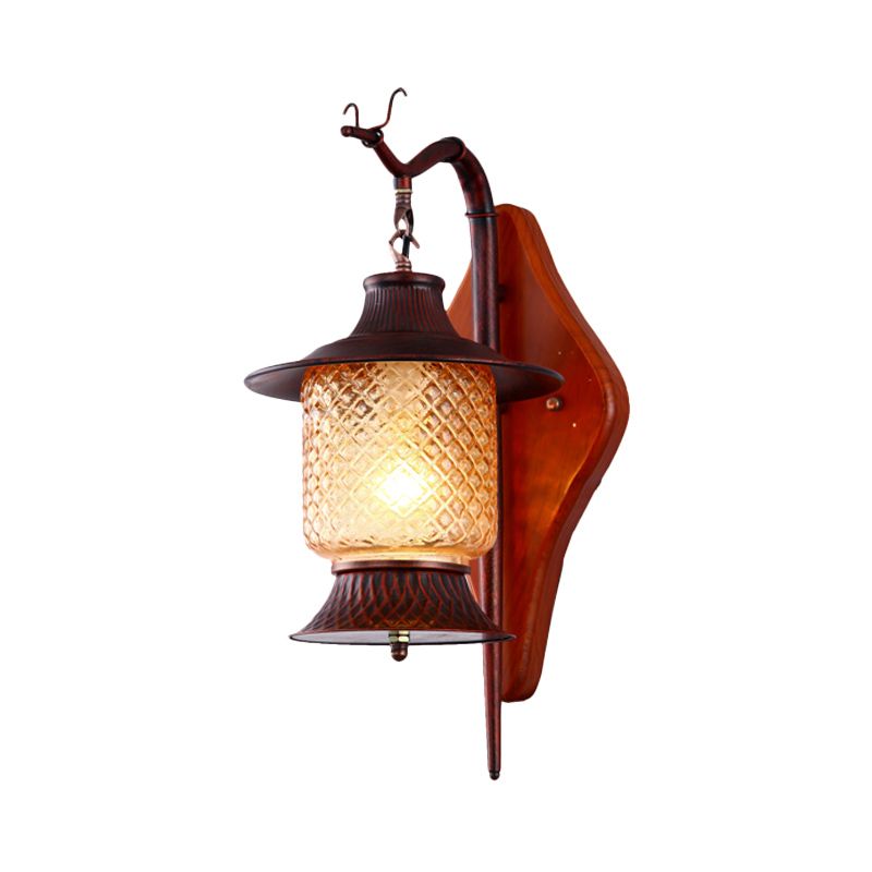 Lantern Living Room Sconce Light Fixture Vintage Tan Gird Glass 1-Light Copper Wall Lighting Fixture with Wood Backplate