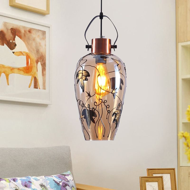 1 Bulb Pot Ceiling Lamp Traditional Copper Glass Hanging Lamp Kit with Maple Leaf Pattern
