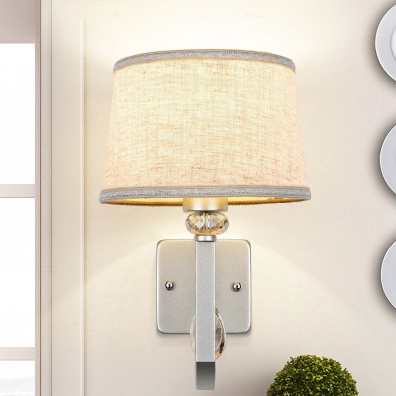 Round Shade Wall Mount Lighting Modernism 1 Head Flaxen Sconce Lamp with Nickle Swoop Arm and Crystal Accent