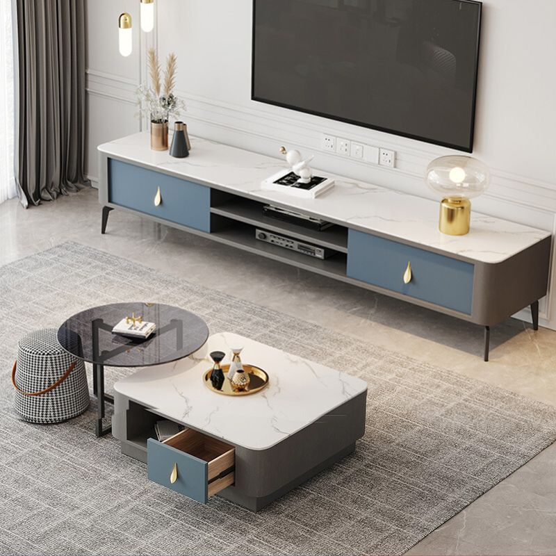 Contemporary Stone TV Stand Console with Shelf for Living Room