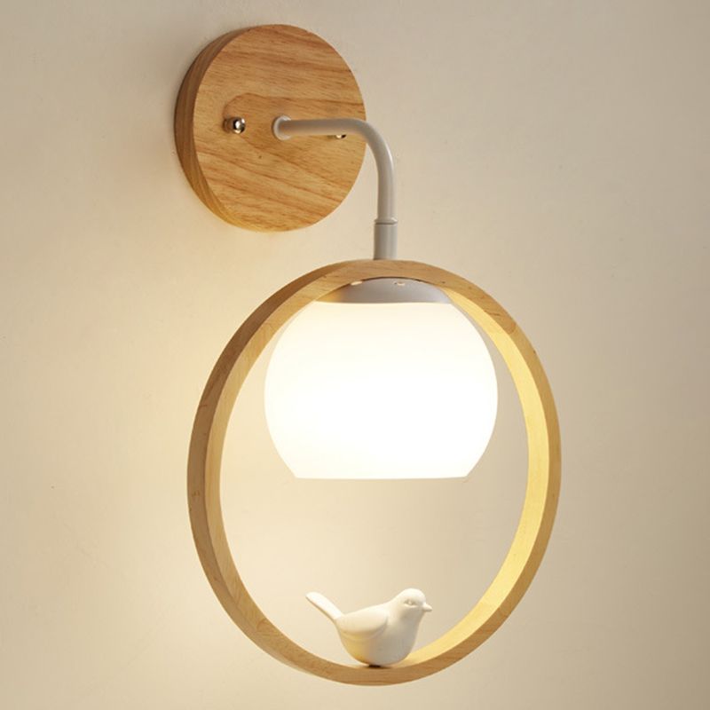 Moderner Stil rund geformte Wandlampe Holz 1 Leichte Wandbeleuchtung mit Glasschatten