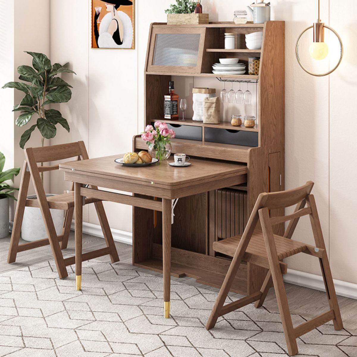Solid Wood Frame Dining Table Rectangle Folding Dining Table with Storage