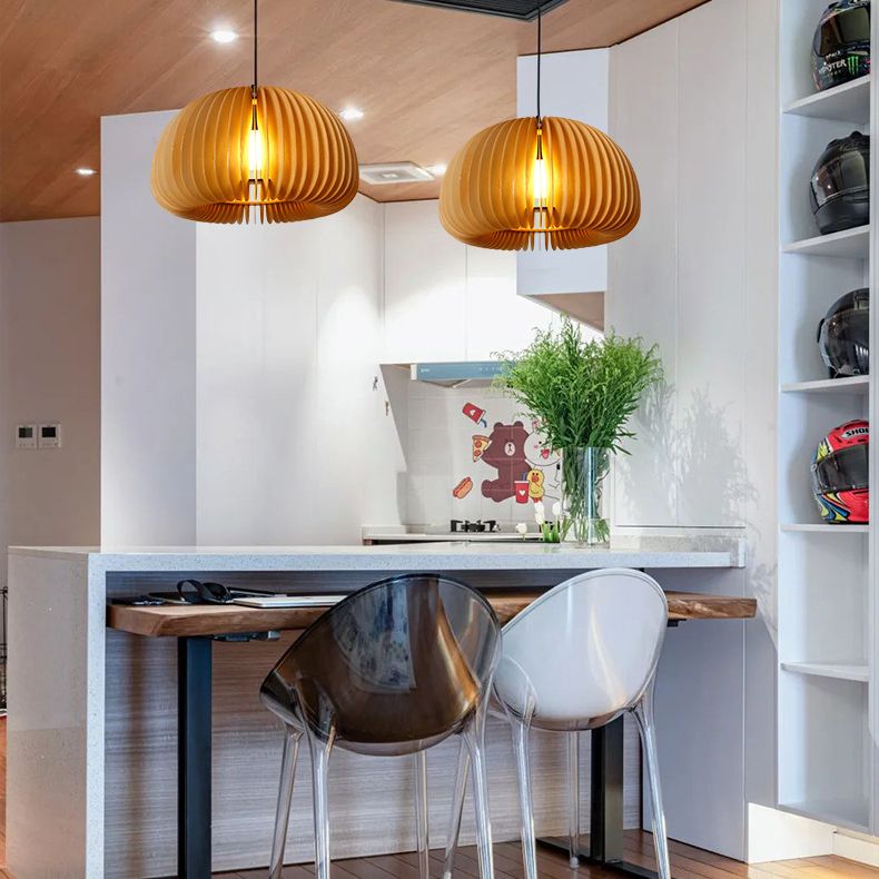 Wood Pumpkin Hanging Pendant Light Japanese Style Beige Pendant Lighting Fixture