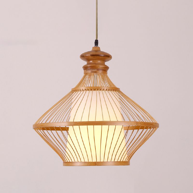 Bamboo Urn Ceiling Lamp Japanese 1 Head Hanging Pendant Light in Beige with Inner Tapered White Parchment Shade
