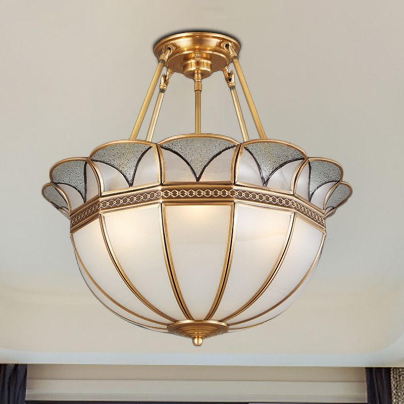 Bowl Milky Glass Ceiling Lighting Colonial 4 Bulbs Living Room Semi Flush Mount Ceiling Light in Brass