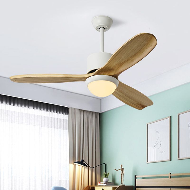 Witte kom hanger ventilatorverlichting minimalisme houten led woonkamer semi-flush mount met 3 houten messen, 52 "breed