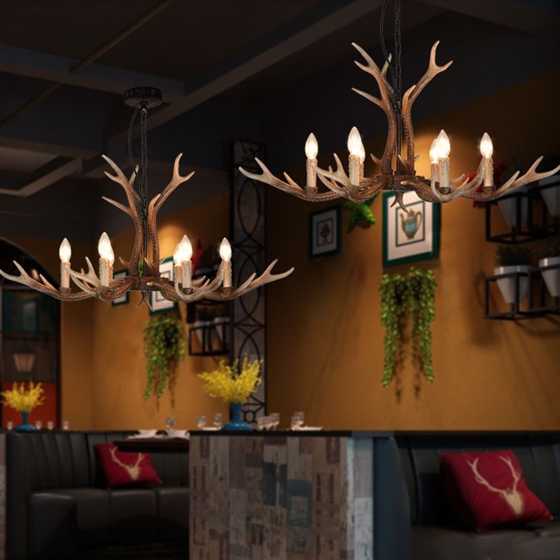 6/8 Lights Antler Ceiling Chandelier Rustic Khaki Resin Suspension Light for Restaurant
