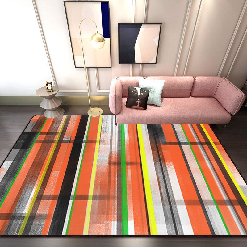 Minimalist Modern Rug in Orange and Blue Abstract Stripe Pattern Rug Polyester Washable Carpet for Home Decoration