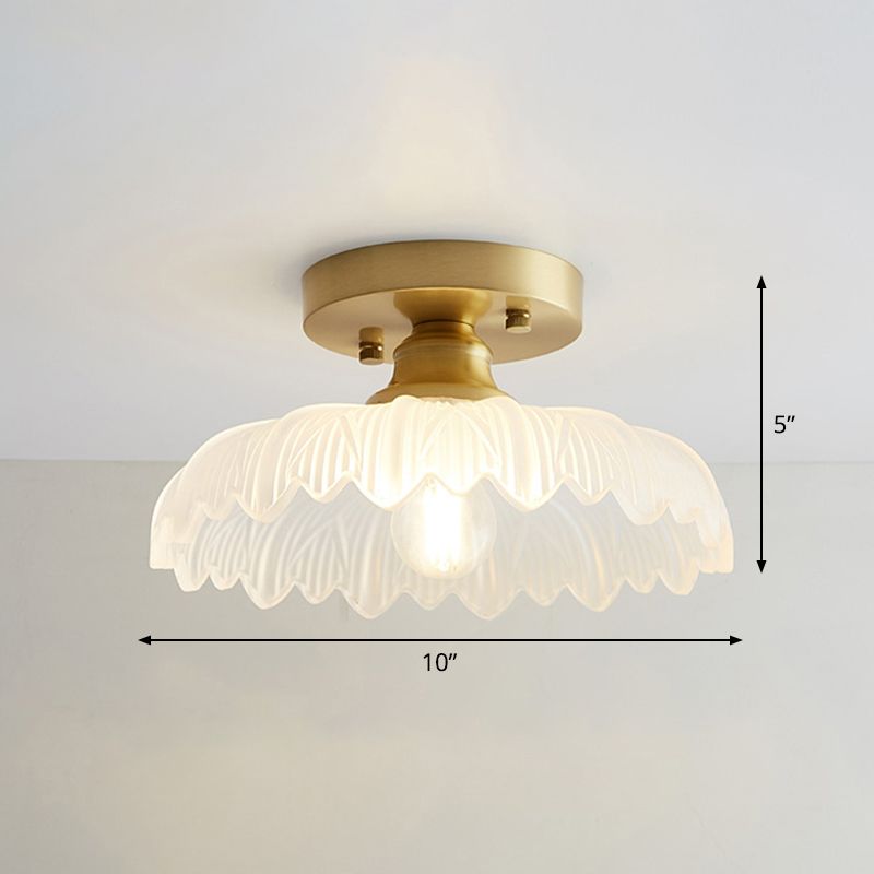 Industrial Small Ceiling Light Fixture 1-Light Textured Glass Semi Flush Mount in Brass for Aisle