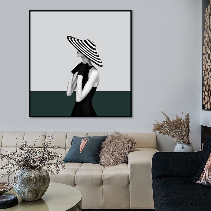 Eigentijdse dame vierkante canvas print donkere kleur decoratieve muurkunst voor woonkamer