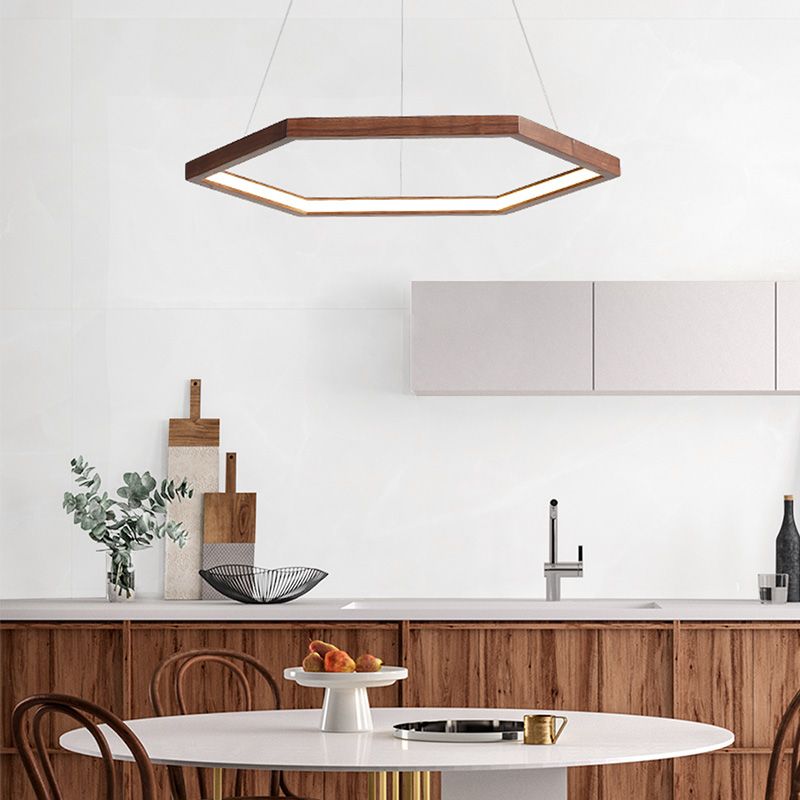 Hexagonal Pendant Chandelier Contemporary Acrylic LED Light/Dark Wood Hanging Ceiling Light, 16"/19.5"/23.5" Wide