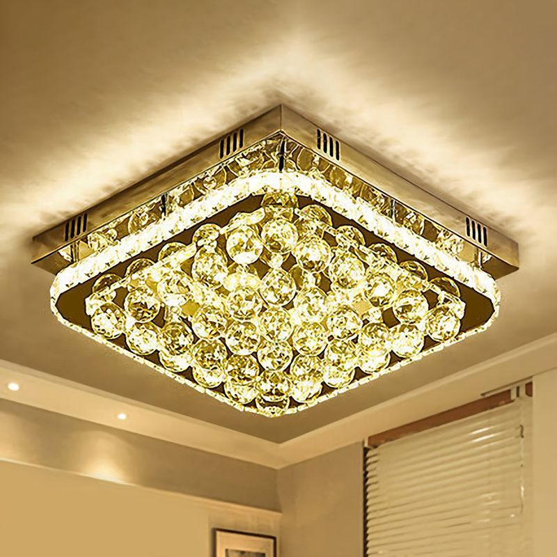 Stainless-Steel Rectangular Flush Ceiling Light Contemporary Crystal LED Flush Mount Lighting Fixture
