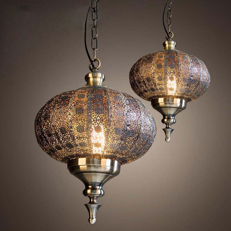 Antique Lantern Pendant Lighting 1 Bulb Metallic Hanging Light in Bronze for Restaurant