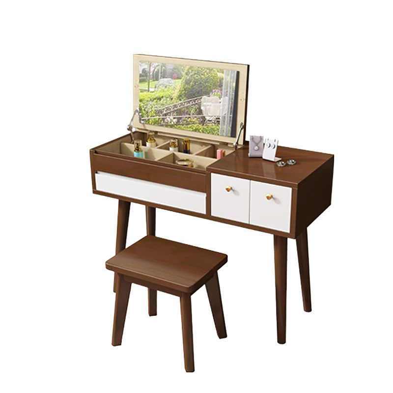 Solid Wood Mirrored Vanity Desk with 3 Drawers Flip-Top Dresser with Stool