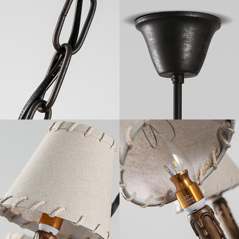 9 Lights Ceiling Light Country Domed Frosted Glass Hanging Chandelier in Black for Dining Room with Fabric Shade