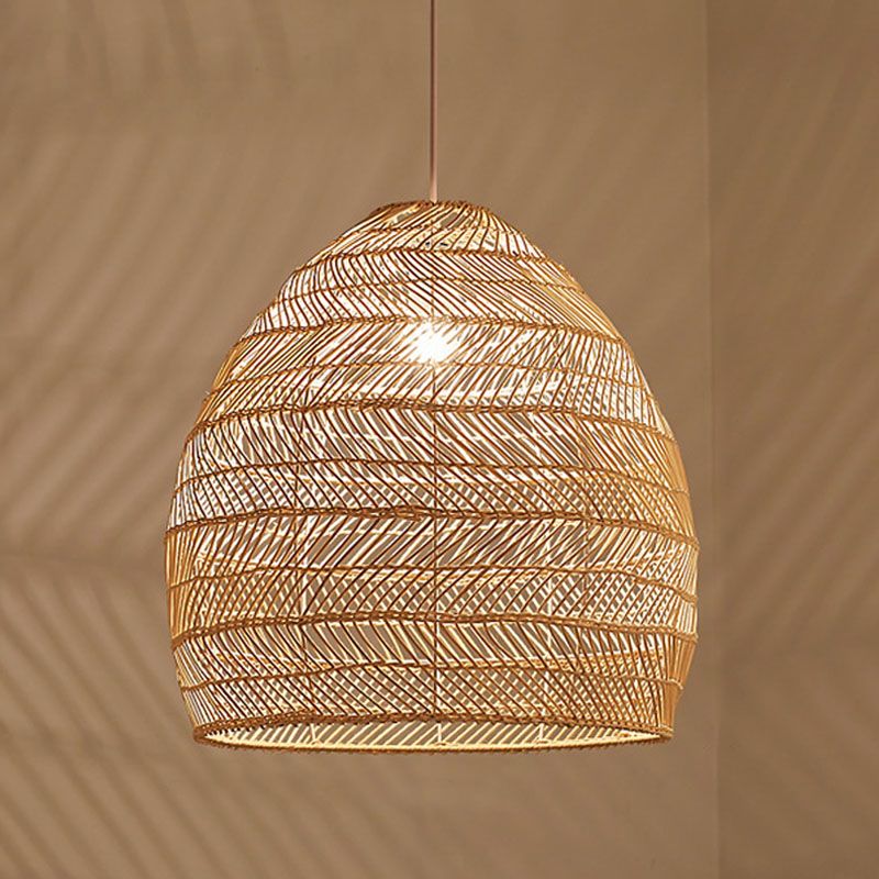 Rattan Cloche Pendant Ceiling Light Asian Single-Bulb Suspension Lighting over Dining Table
